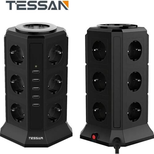TESSAN Tower Multi Power Strip Vertical EU Plug 12 Way Outlets Sockets with 5 USB Overload Protector Switch 2m Extension Cord