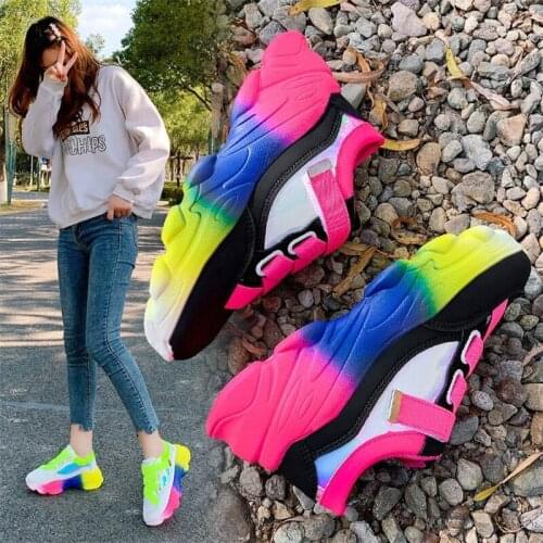 Women Chunky Sneakers 2021 Fashion Platform Wedge Old Dad Shoes Woman 5cm High Heels Basket Female Casual Shoes Rainbow Trainers