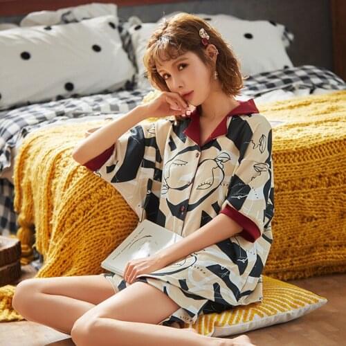 Womens Pajamas Sweet Girls Short Sleeve Loose Autumn Household Thin Cartoon Cotton Pajamas Set
