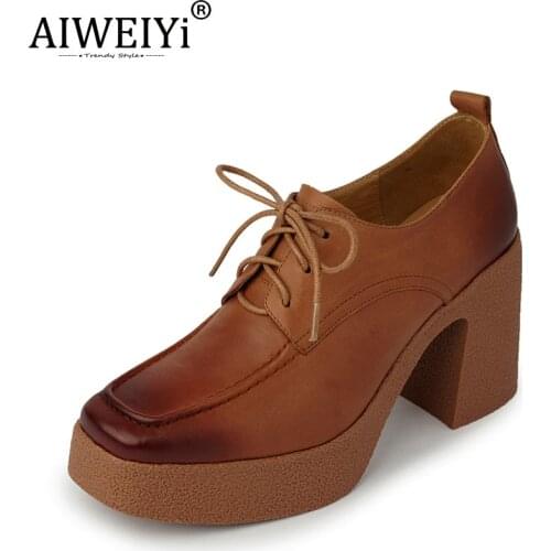 AIWEIYi Square Toe Platform Shoes Women Genuine Leather Retro Lace Up Platform Chunky High Heels All Match Single Shoes