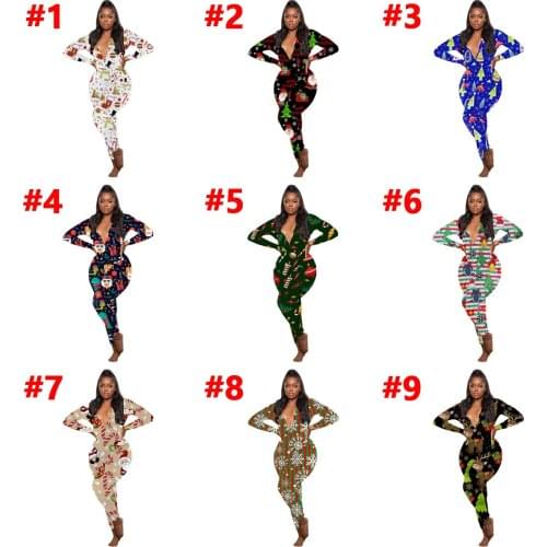 Adogirl Merry Christmas Print Sleepwear Jumpsuit Woman V Neck Long Sleeve Pajama Romper Back Button Open Crotch Nightwear S-XXL
