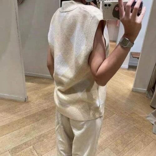 Women Sweater 2021 Early Autumn Rhombus Contrast Loose V-neck Knitted Sleeveless Vest Top