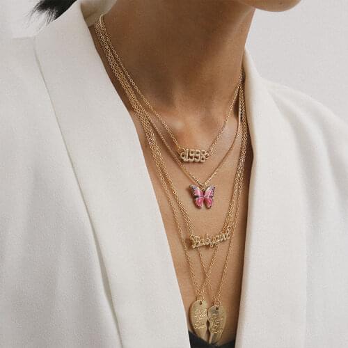 2021 Retro Fashion Golden Multi-layer Long Chain Necklace Ladies Pendant Necklace Butterfly Love Accessories Jewelry