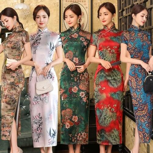 Chinese Sytle Fashion Cheongsam Womens 2021 Summer Silk Satin Plus Size To 4Xl Short Sleeve High Slit Stand Collar Chiffon Dress