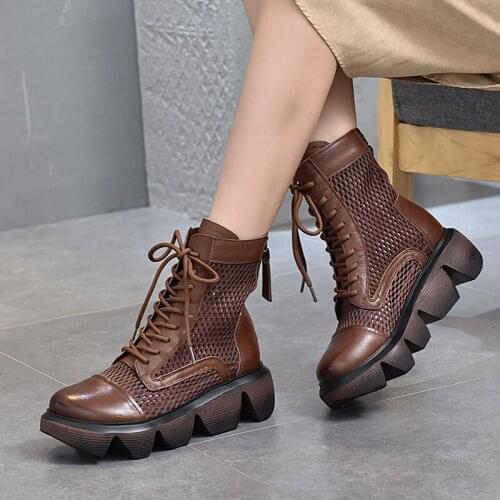 2021 Spring Summer Platform Boots Womens Thick-soled Wedge Heel Leather Mesh Shoes Lace-up Casual Sandals Wedge Heel Sandals