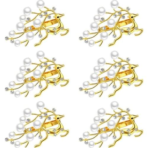 6 Pcs Elegant Deer Napkin Rings Buckles with Pearls Rhinestone Handmade Serviette Buckle Holder Dinner Decoration