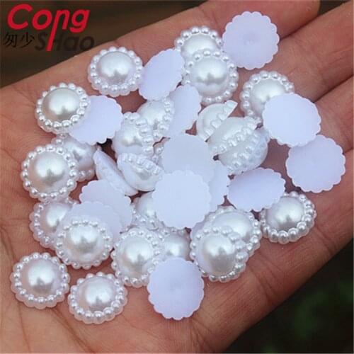 Cong Shao 300pcs 12.5mm Sunflower Flatback Imitation Pearl Beads ABS Acrylic Rhinestone Applique DIY Wedding Dress Button CS98