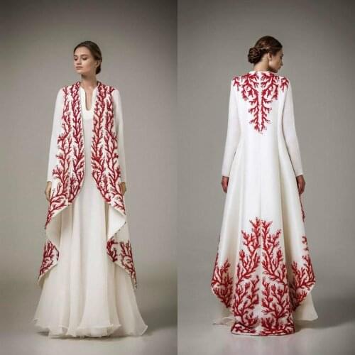 Arabic Dubai Kaftans Evening Dresses Muslim Red Embroidery Long Sleeve Floor Length Party Gowns Evening Wear Custom Made