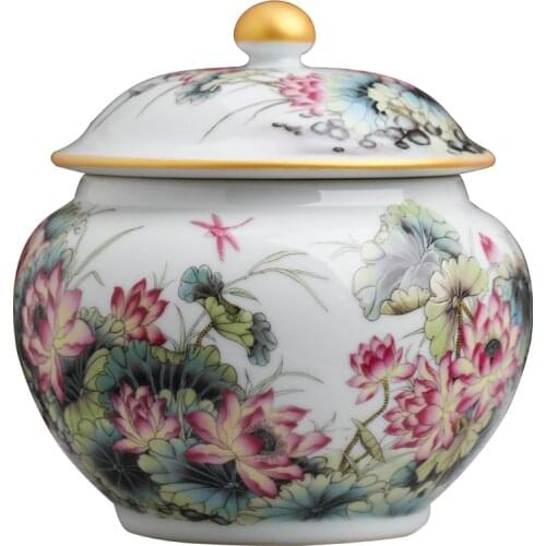 Jingdezhen Tea Jar with lid Storage Jar Tea Can Lotus Household Antique Ceramic Pu'er Tea pot