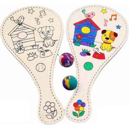 Random style white blank wooden racket with ball DIY craft toy cartoon drawing graffiti Kindergarten kids hand-made toys