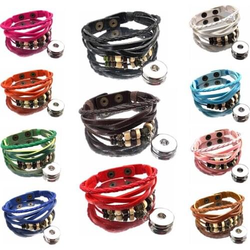 Hot New Arrival 304 Really Hand Woven Genuine Leather Fashion Bracelet 18mm Snap Button Charm Bangle Jewelry For Women Gift