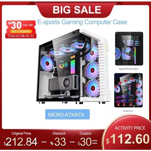 GAMEKM E-Sports Gaming Computer Case Support MICRO-ATX/ATX Motherboard Mid-Tower Tempered Glass Panel Desktop PC Case HDD/SSD