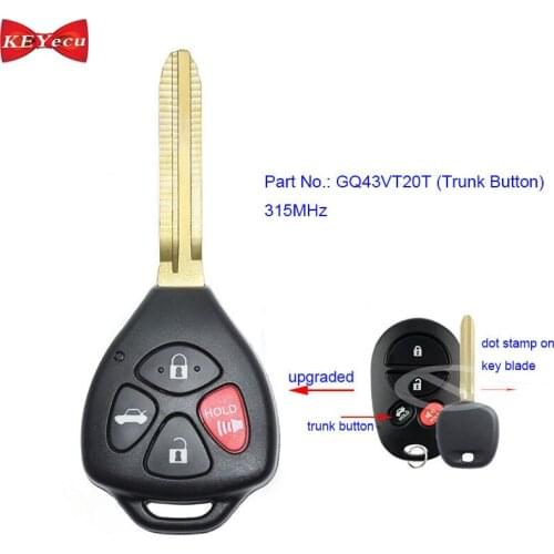 KEYECU for Toyota Avalon 2005 2006 2007 2008 Solara 2004 05 06 2007 2008 Upgraded Remote Key Fob 315MHz GQ43VT20T Trunk Button