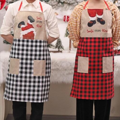 Kitchen Apron Funny Santa Claus Climbing Chimney Linen Plaid Household Apron Kitchen Baking Accessories Christmas Decoration