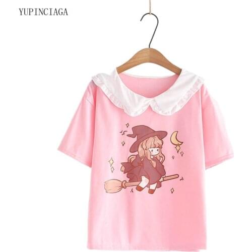 Sweet Cartoon Print Pink Short-Sleeved Cotton Harajuku T-Shirt Women 2021 Summer New Doll Collar Loose Basic Tops Tees 2117741