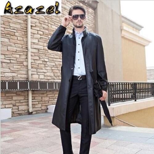 Mens New Sheepskin clothes Fashion Men stand collar Long Coat Autumn Winter Double-breasted Windproof Men Plus Size Trench Coat