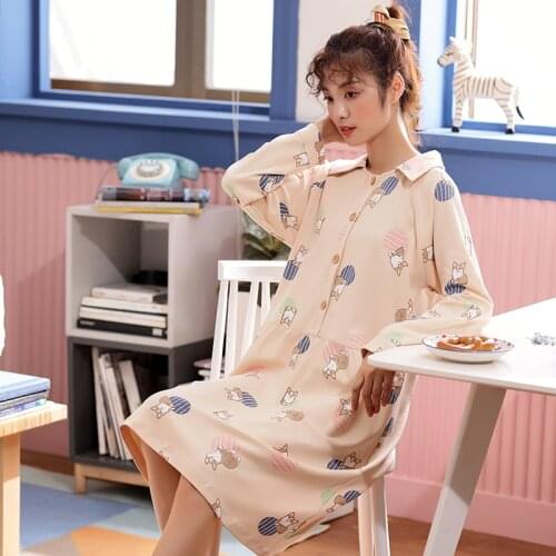 Autumn Full Pure Cotton Nightgowns For Women Dressing Gown Young Girls Nightshirts Nightdress Animal Long Sleep Shirt Sleepwear