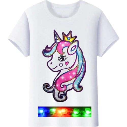 Girls clothes 3 to 14 yr Unicorn LED Glowing t shirt Girls tshirt 100%cotton Sequin unicornio for girls