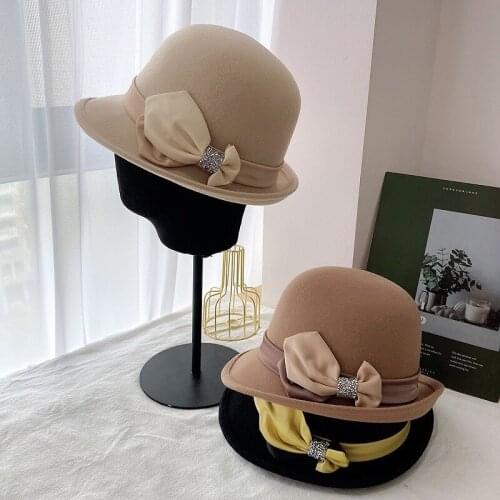 Wool Wide Brim Bucket Hat Fedoras Hat For Women Autumn Winter Basin Hat Bow Casual Cloche Hat Church Derby Flat Top Pork Pie Hat