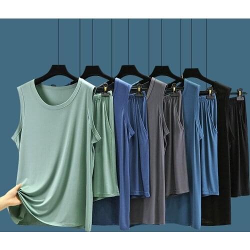 Modal cotton silk pajamas mens 2021 summer vest shorts suit thin loose large size pajamas home service
