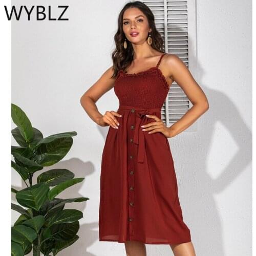 WYBLZ 2021 Summer Womens Fashion Midi Dress Black Spaghetti Straps Backless Ladies Casual Dresses Elegant Evening Party Dress