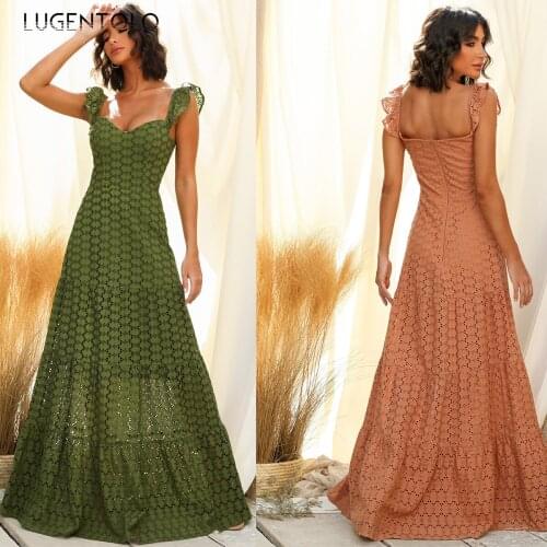Sexy Dress Women Lace Slim Sleeveless Empire Big Swing Party Dresses Female Casuasl Solid Fashion Long Dress Lugentolo