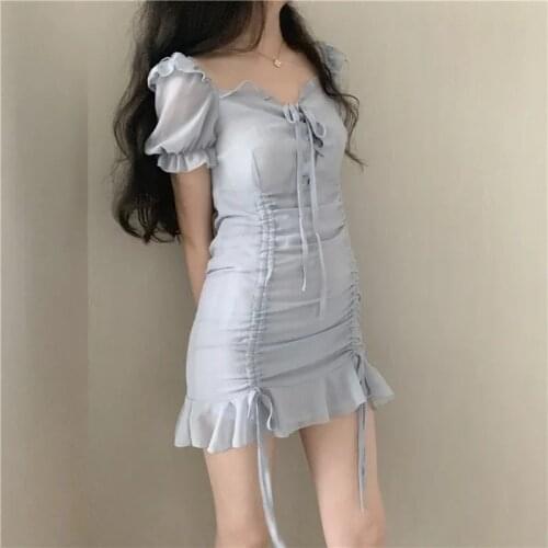 Korean Style Puff Short Sleeve Bandage White Ruched Dress Women Summer Off Shoulder Fuffle Y2K Mini Dresses Female 2021 New