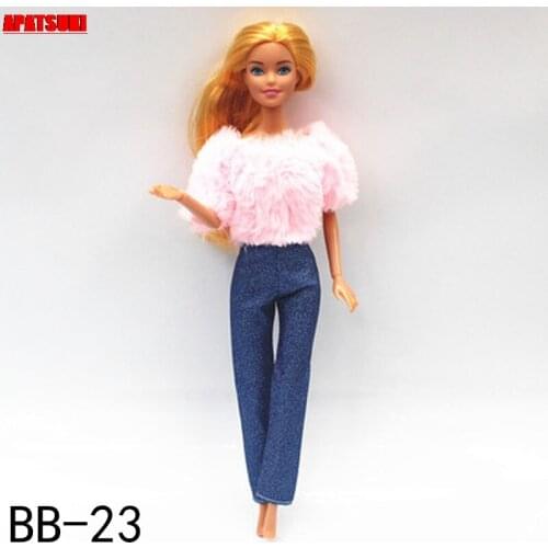 Pink Fashion Doll Clothes For Barbie Doll Outfits 1/6 Dolls Accessories Fur Top Shirt & Denim Pants Trousers Toys For Children