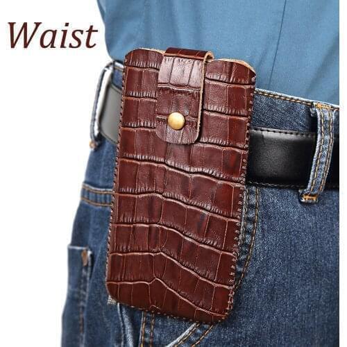 Waist Hang Genuine Leather Phone Pouch Bags For iPhone 6 6S 7 8 Plus X XR XS 11 12 Pro Max Mini Crocodile Grain Cowhide Magnetic