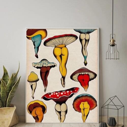Funny Mushroom Skirt with Sexy Woman Leg Canvas Poster Abstract Vintage Retro Art Prints Picture for Bedroom Frameless Painting