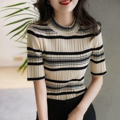 French mood pit stripe half-high collar short-sleeved knitwear girl black sweater woman block street blusa beige COTTON