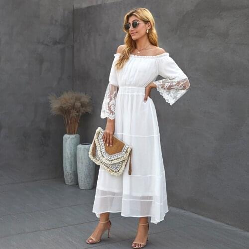 AYUALIN Off The Shoulder Flare Sleeve Long Dresses Women Boho Beach White Chiffon Summer Dress Splice lace Vintage Vestidos