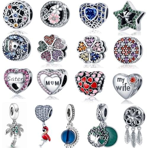 925 Sterling Silver Coconut Tree Blue Globe Dream Catcher Pendant Color Flower Bead Suitable For Original Pandora Ladies Jewelry