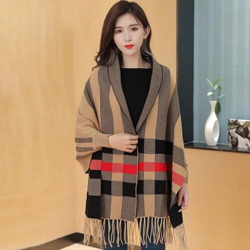 ZJZLL 2021 Wholesale Knit Tops Classic Plaid Cloak Warm Custom Winter Capes Scarves Shawls Cashmere Pashmina Wraps Women Poncho