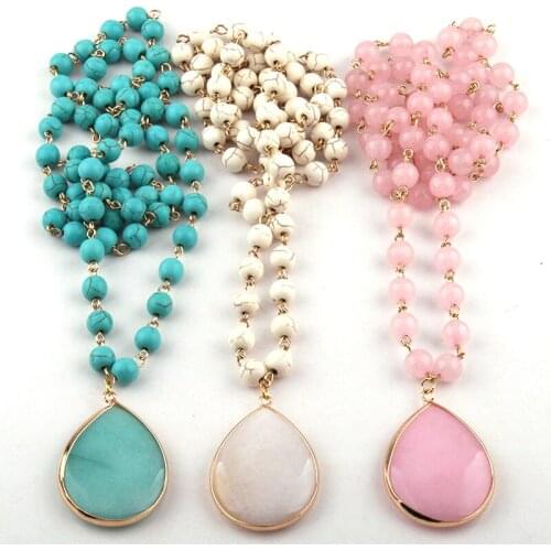 Free Shipping Fashion Bohemian Jewelry White/Blue/Pink Stone Rosary Chain Link Stone Drop Pendant Necklaces For Women