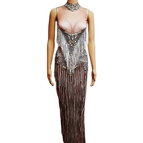 Shiny Rhinestones Costume Women Pattern Printing Backless Dresses Fringes Ankle-Length Dress Party Evening Costume Stage Wear