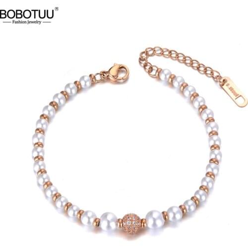 BOBOTUU Trendy Stainless Steel Simulated Pearl Charm Bracelets For Women Bohemia CZ Crystal Chain Link Bracelet Jewelry BB19079