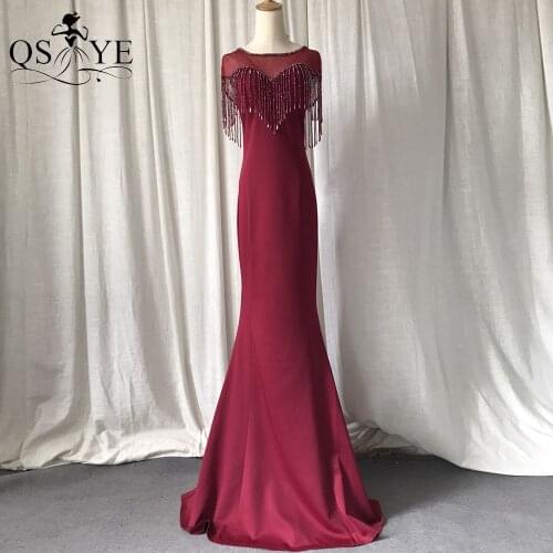 Burgundy Evening Dress Beading Long Prom Gown Cap Sleeves Party Dress Mermaid Scoop Neck Bead Straps Deep Red Formal Gown Tassel