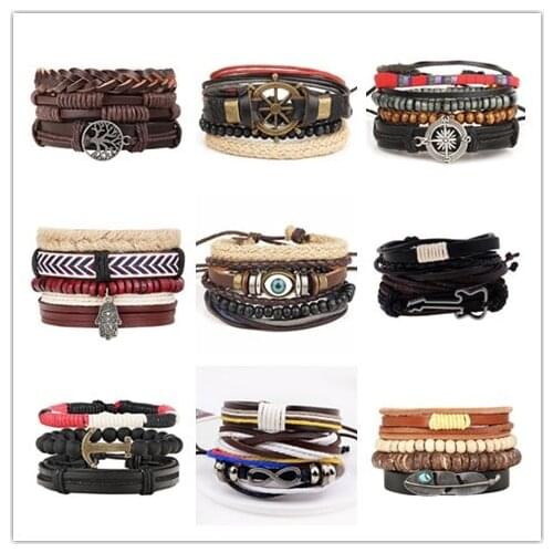 Boho Multilayer Leather Bracelet Eye Feather Hand Star Life Tree Wing Charms Beads Bracelets for Men Vintage Punk Wrap Wristband