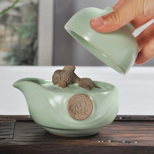 Tea Set Include 1 Pot 1 Cup RuYao Geyao Fish Dragon Kung Fu Tea Cup Pot Quik Cups Opening Piece Tea Set Ru Kiln Porcelain