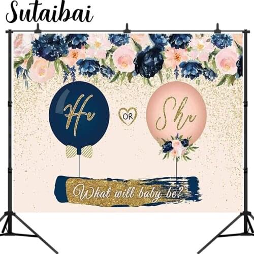 Navy and Blush Gender Reveal Party Backdrop He or She What Will Baby Be Pregnancy Reveal Balloon Floral Banner Decoration