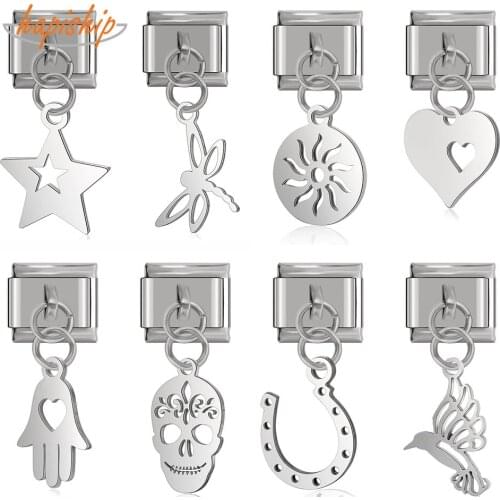 Hapiship 2019 Original Daisy Hand Sun Skull Birds Star Heart Italian Charm Fit 9mm Bracelet Stainless Steel Jewelry Making DJ167