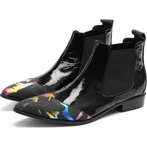 New Fashion Vintage Spring Autumn Print Genuine Leather Ankle Boots For Men Pointed Militar Black Chelsea Boots Mens Dress Shoes