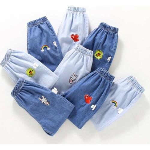 2021 New Fashion Kids Jeans Summer Breathable Thin Section Denim Pants For Girls Cute Cartoon Embroidered Children Trousers 1-6Y