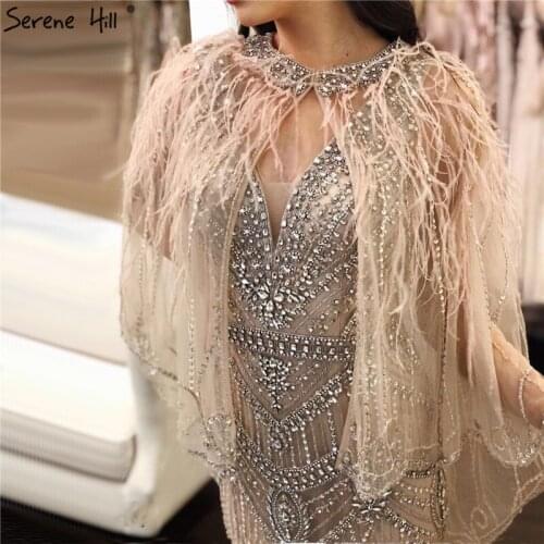 Silver Nude Sleeveless Shawl Yarn Feathers V-Neck Mermaid Luxury Sexy Formal Evening Dresses 2020 Serene Hill LA70171