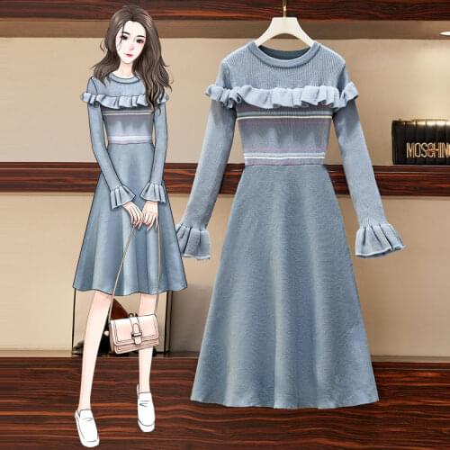 EHQAXIN Autumn Winter Womens Knit Dresses Fashion Sweet Wood Ears Long Round Neck Long Sleeve Slim Sweater Dress For Lady L-4XL