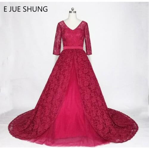 E JUE SHUNG Burgundy Lace Wedding Dresses 2018 V-neck 3/4 Sleeves Ball Gown Wedding Gowns robe de mariee