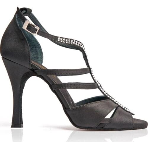 Practice Women Latin Shoes Black Satin Dance Shoes Crystal Latin Salsa Ballroom Dance Shoes Wpmen Wedding Party Dancing Shoes