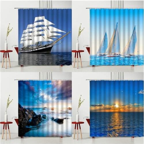 Ocean Scenery Shower Curtain Set Reef Ship Waterproof Polyester Fabric Bathtub Decoration 240X180cm Photographic Background