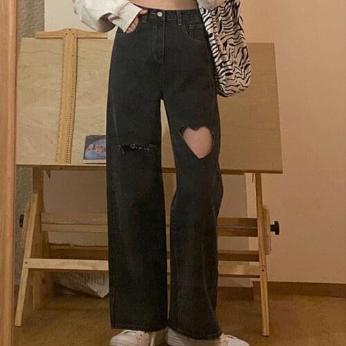 2021 streetwear Heart shaped hole jeans for women high waist mom jeans vintage Black denim pants Full Length trouser Harajuku